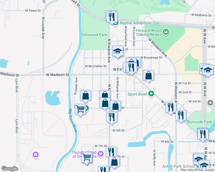 map of restaurants, bars, coffee shops, grocery stores, and more near 813 North Kiwanis Avenue in Sioux Falls