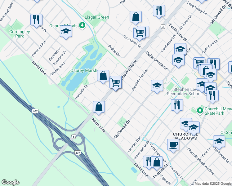 map of restaurants, bars, coffee shops, grocery stores, and more near 5980 Churchill Meadows Boulevard in Mississauga