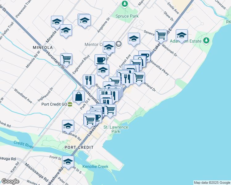 map of restaurants, bars, coffee shops, grocery stores, and more near 158 Lakeshore Road East in Mississauga