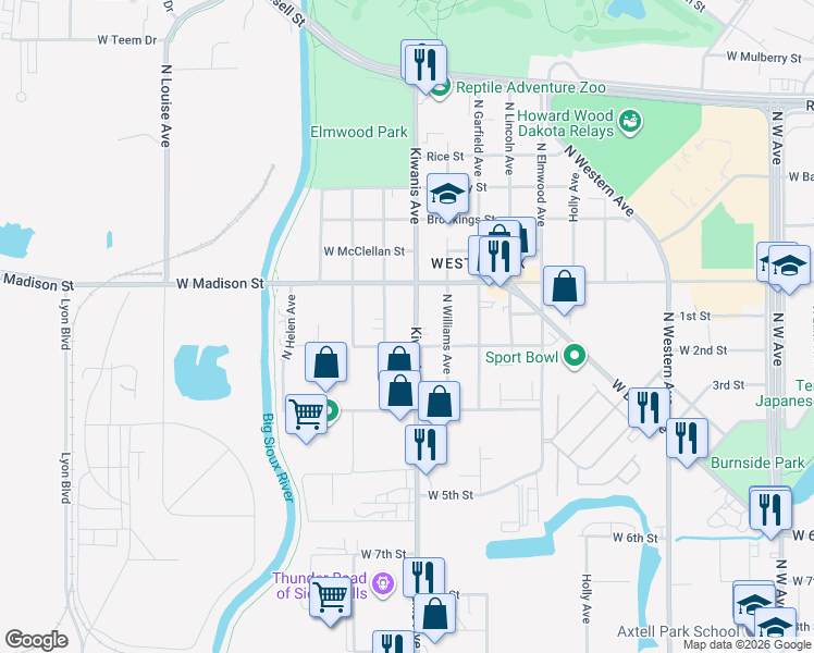 map of restaurants, bars, coffee shops, grocery stores, and more near 813 North Kiwanis Avenue in Sioux Falls