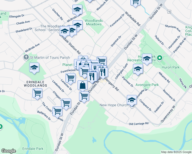 map of restaurants, bars, coffee shops, grocery stores, and more near 1133 Dundas Street West in Mississauga