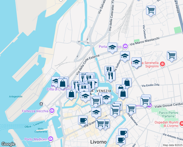 map of restaurants, bars, coffee shops, grocery stores, and more near 7 Via Castelli in Livorno