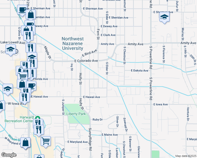 map of restaurants, bars, coffee shops, grocery stores, and more near 1201 Fern Street in Nampa