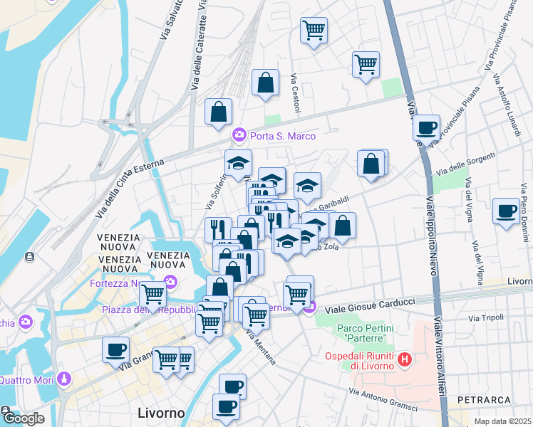 map of restaurants, bars, coffee shops, grocery stores, and more near 26 Via Palestro in Livorno