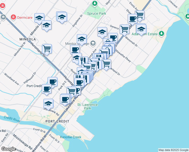 map of restaurants, bars, coffee shops, grocery stores, and more near 1 Elmwood Avenue South in Mississauga