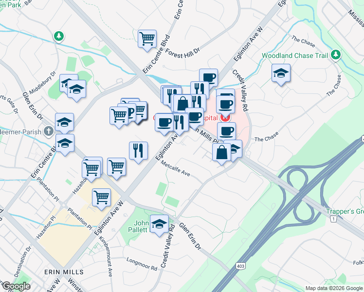 map of restaurants, bars, coffee shops, grocery stores, and more near in Mississauga