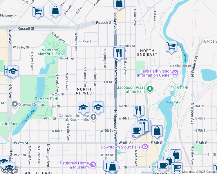 map of restaurants, bars, coffee shops, grocery stores, and more near 817 North Minnesota Avenue in Sioux Falls