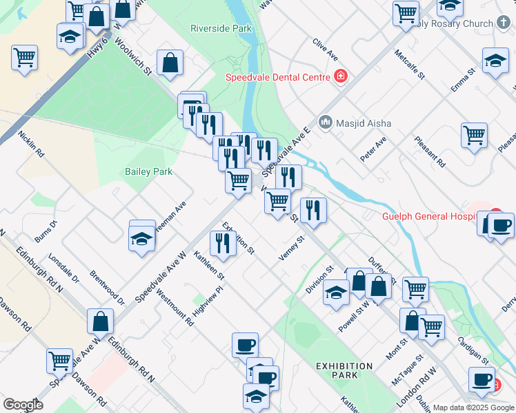 map of restaurants, bars, coffee shops, grocery stores, and more near 6 Oakwood Avenue in Guelph