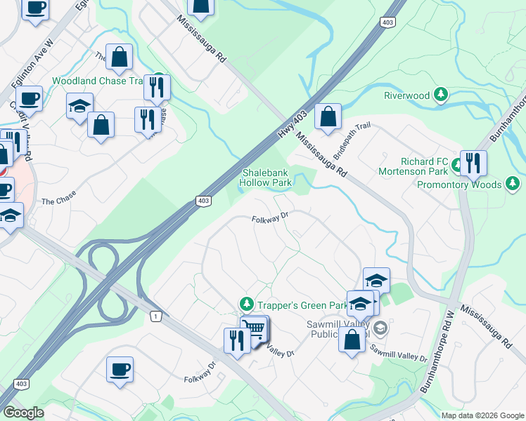 map of restaurants, bars, coffee shops, grocery stores, and more near 4041 Powderhorn Court in Mississauga