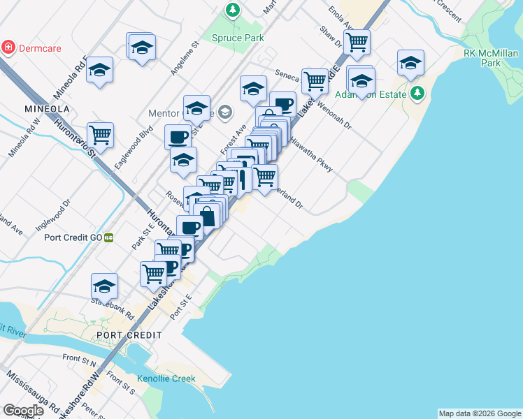 map of restaurants, bars, coffee shops, grocery stores, and more near 24 Oakwood Avenue South in Mississauga