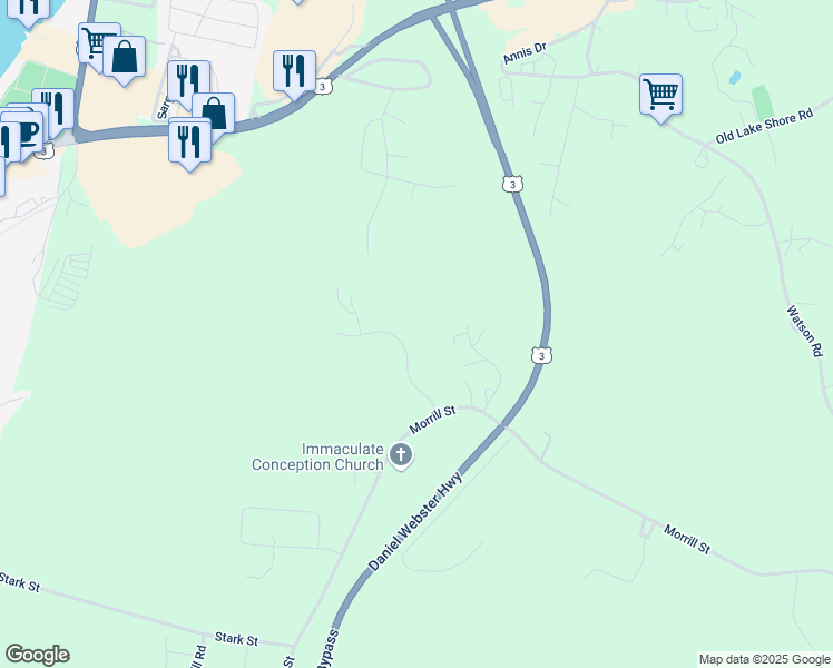 map of restaurants, bars, coffee shops, grocery stores, and more near 33 Farm View Lane in Gilford