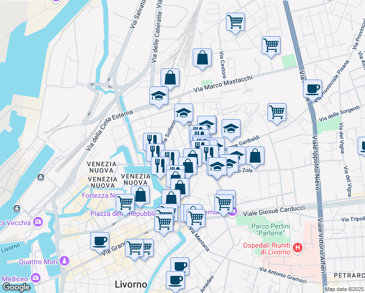 map of restaurants, bars, coffee shops, grocery stores, and more near 27 Via Adriana in Livorno