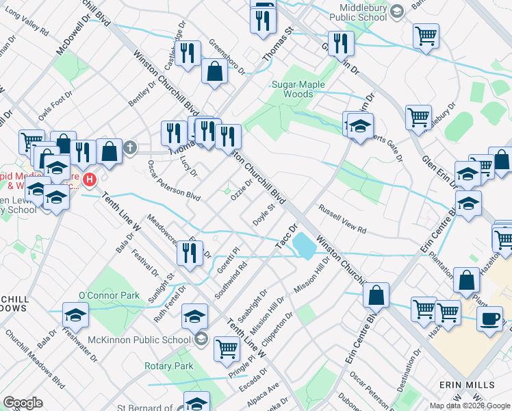 map of restaurants, bars, coffee shops, grocery stores, and more near 5575 Fudge Terrace in Mississauga