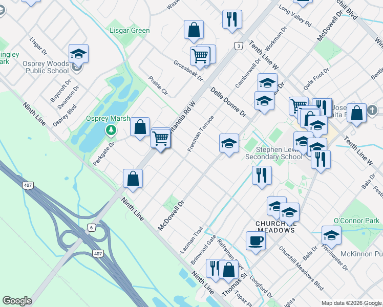 map of restaurants, bars, coffee shops, grocery stores, and more near 3762 Freeman Terrace in Mississauga