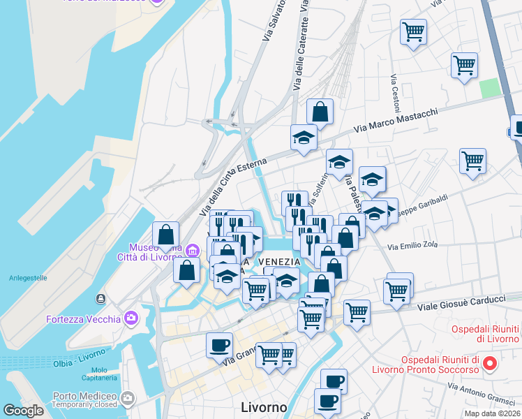 map of restaurants, bars, coffee shops, grocery stores, and more near 19 Via degli Scali della Dogana D'Acqua in Livorno