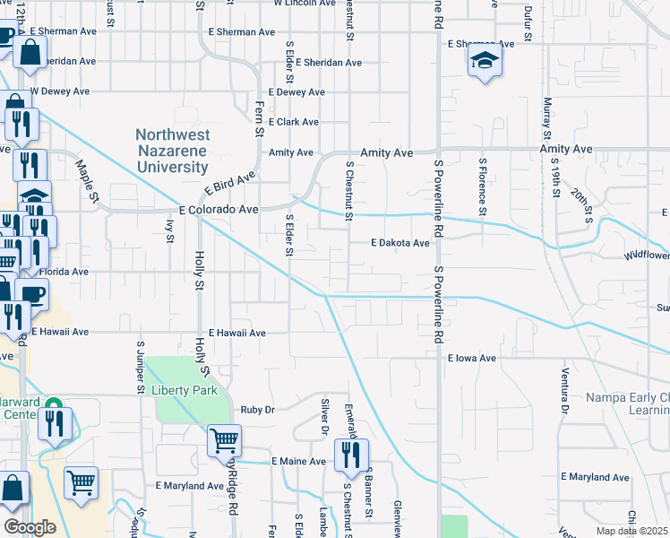 map of restaurants, bars, coffee shops, grocery stores, and more near 1174 East Sharons Drive in Nampa