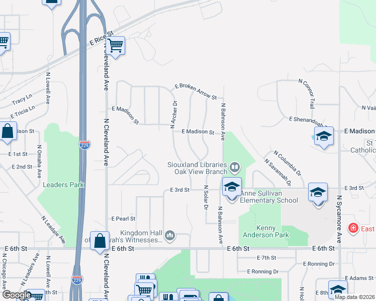 map of restaurants, bars, coffee shops, grocery stores, and more near 810-998 N Caleb Ave in Sioux Falls