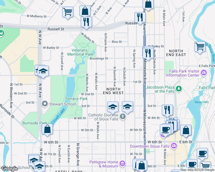 map of restaurants, bars, coffee shops, grocery stores, and more near 806 North Prairie Avenue in Sioux Falls