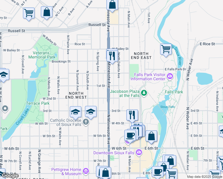 map of restaurants, bars, coffee shops, grocery stores, and more near 822 North Minnesota Avenue in Sioux Falls