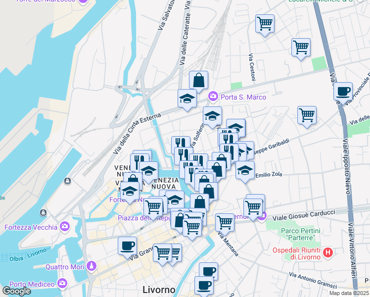 map of restaurants, bars, coffee shops, grocery stores, and more near 3 Via della Torretta in Livorno