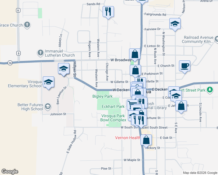 map of restaurants, bars, coffee shops, grocery stores, and more near 426 West Decker Street in Viroqua
