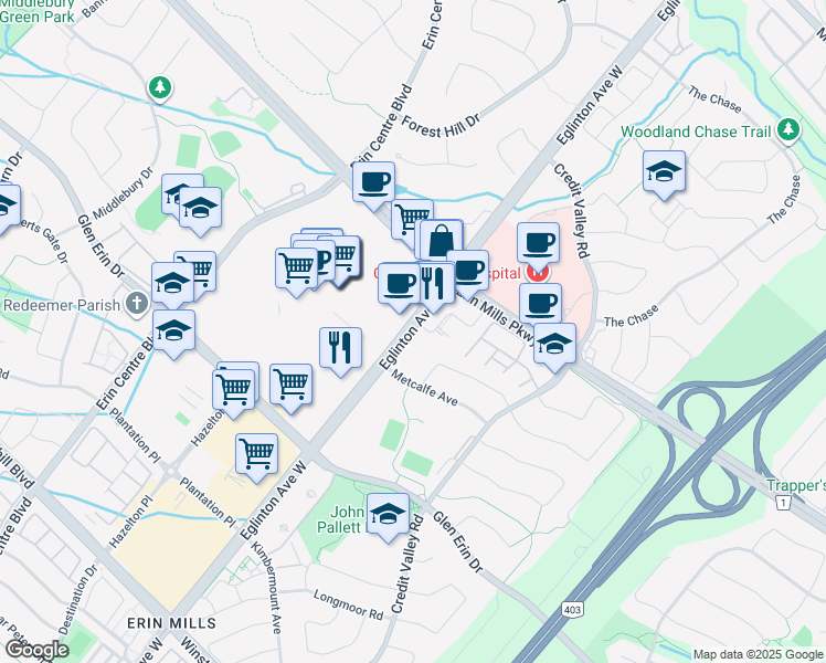 map of restaurants, bars, coffee shops, grocery stores, and more near 2550 Eglinton Avenue West in Mississauga