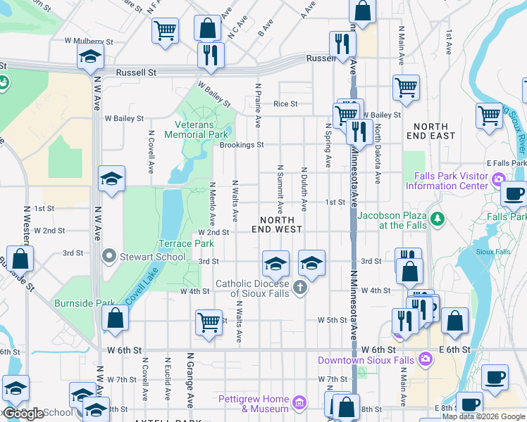 map of restaurants, bars, coffee shops, grocery stores, and more near 806 North Prairie Avenue in Sioux Falls