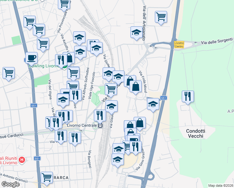 map of restaurants, bars, coffee shops, grocery stores, and more near 3 Via Glauco Masi in Livorno