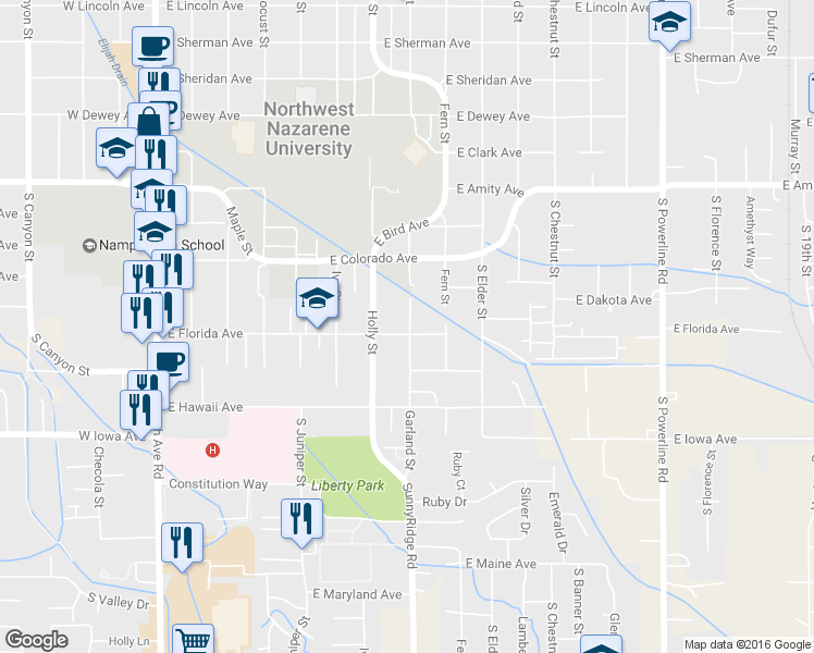 map of restaurants, bars, coffee shops, grocery stores, and more near 715 East Florida Avenue in Nampa