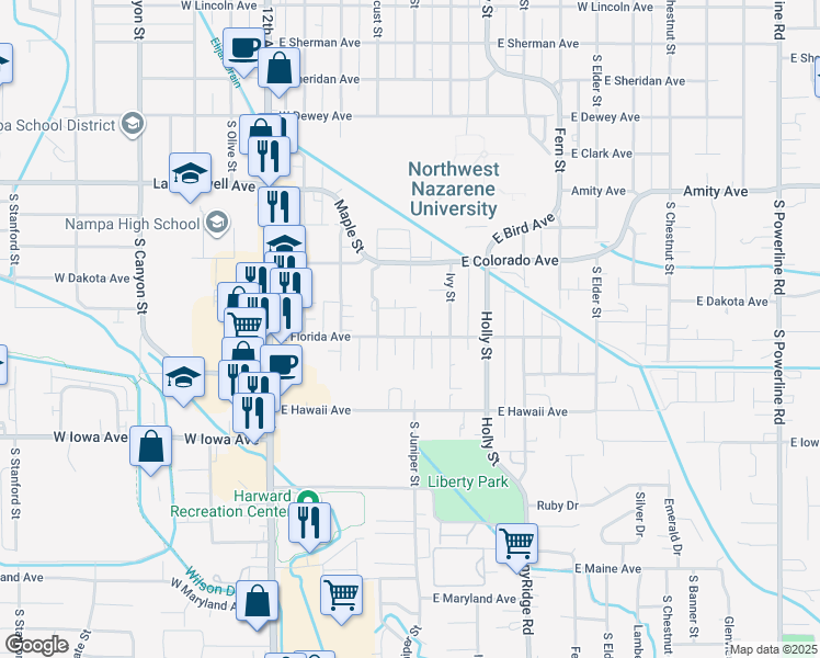 map of restaurants, bars, coffee shops, grocery stores, and more near 411 East Florida Avenue in Nampa
