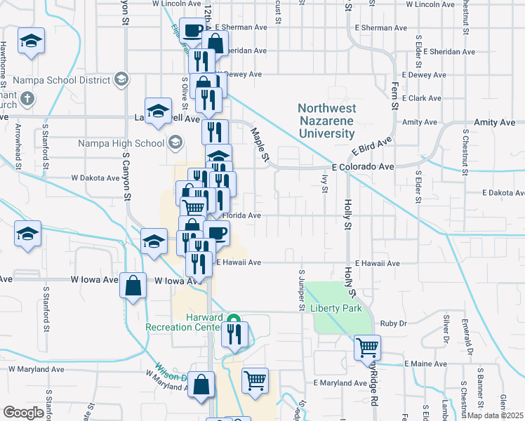map of restaurants, bars, coffee shops, grocery stores, and more near 307 East Florida Avenue in Nampa