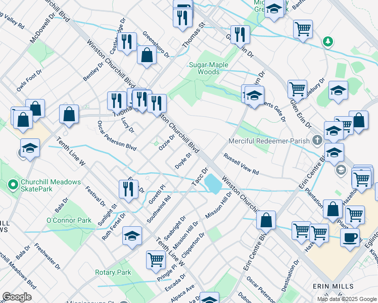 map of restaurants, bars, coffee shops, grocery stores, and more near 5523 Fudge Terrace in Mississauga