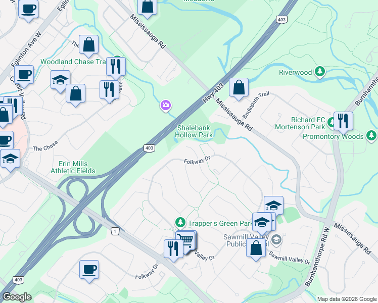 map of restaurants, bars, coffee shops, grocery stores, and more near 4029 Powderhorn Court in Mississauga