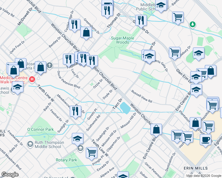 map of restaurants, bars, coffee shops, grocery stores, and more near 5523 Fudge Terrace in Mississauga