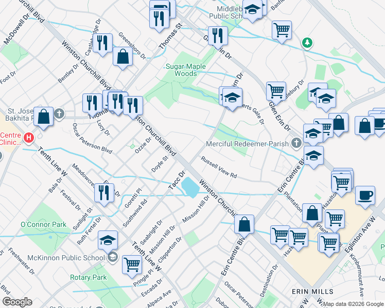 map of restaurants, bars, coffee shops, grocery stores, and more near 2943 Duncairn Drive in Mississauga