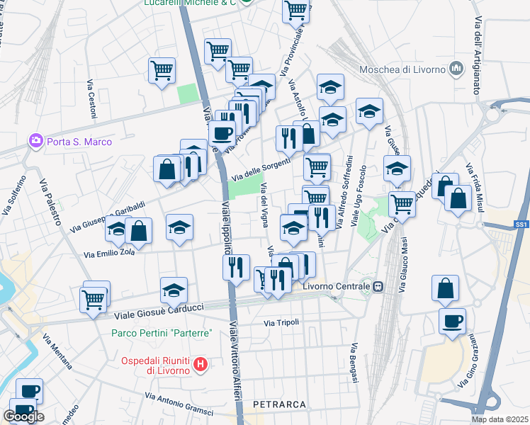 map of restaurants, bars, coffee shops, grocery stores, and more near 113 Via del Vigna in Livorno