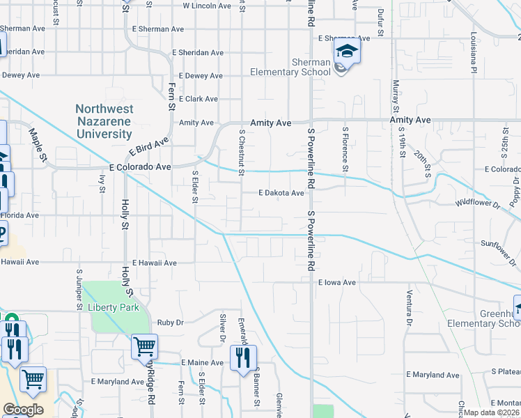 map of restaurants, bars, coffee shops, grocery stores, and more near 1279 East Sharons Loop in Nampa