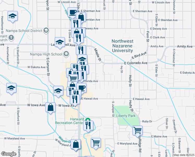 map of restaurants, bars, coffee shops, grocery stores, and more near 307 East Florida Avenue in Nampa