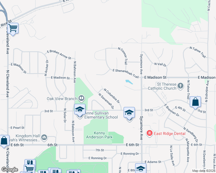 map of restaurants, bars, coffee shops, grocery stores, and more near 700-856 N Columbia Dr in Sioux Falls