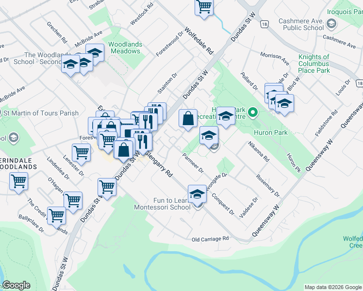 map of restaurants, bars, coffee shops, grocery stores, and more near 2575 Parmeer Drive in Mississauga