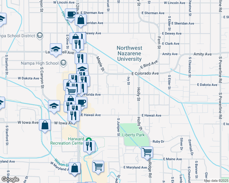 map of restaurants, bars, coffee shops, grocery stores, and more near 1161 South Barberry Place in Nampa