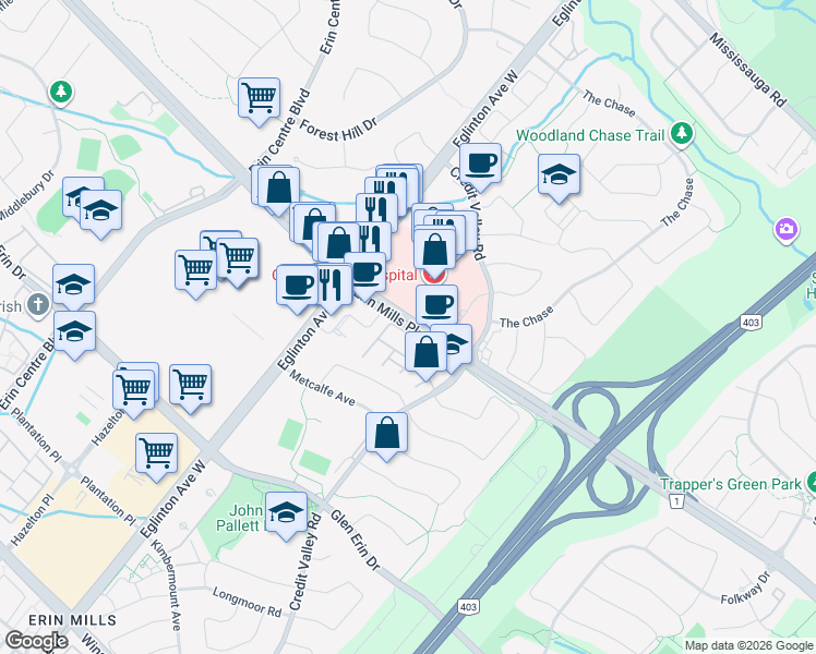 map of restaurants, bars, coffee shops, grocery stores, and more near 4532 Erin Mills Parkway in Mississauga