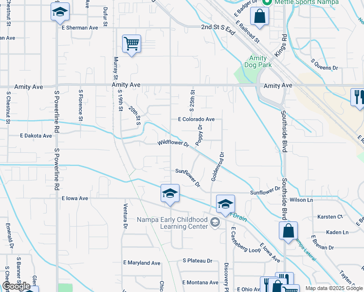 map of restaurants, bars, coffee shops, grocery stores, and more near 2325 Wildflower Drive in Nampa