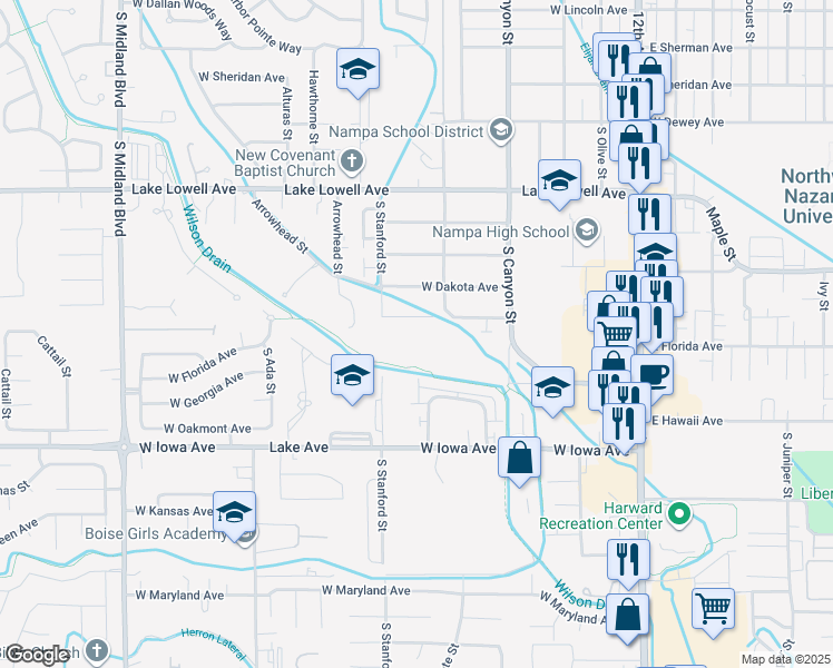 map of restaurants, bars, coffee shops, grocery stores, and more near 523 West Edwards Avenue in Nampa