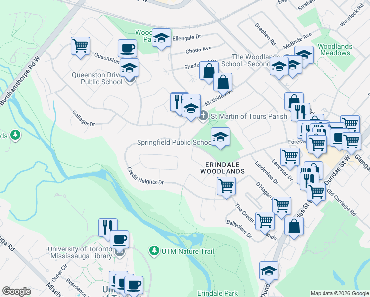 map of restaurants, bars, coffee shops, grocery stores, and more near 3308 The Credit Woodlands in Mississauga
