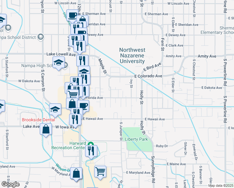 map of restaurants, bars, coffee shops, grocery stores, and more near 1153 South Barberry Place in Nampa