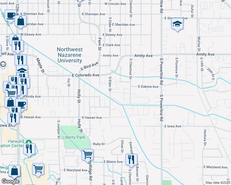 map of restaurants, bars, coffee shops, grocery stores, and more near 1212 South Elder Street in Nampa
