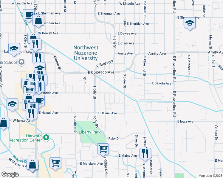map of restaurants, bars, coffee shops, grocery stores, and more near 815 East Florida Avenue in Nampa