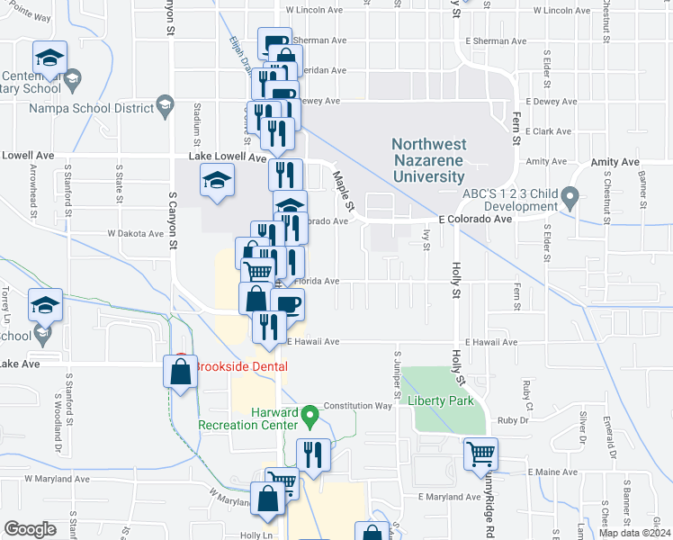 map of restaurants, bars, coffee shops, grocery stores, and more near 307 East Florida Avenue in Nampa