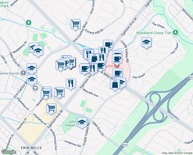 map of restaurants, bars, coffee shops, grocery stores, and more near 2560 Eglinton Avenue West in Mississauga